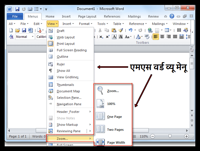 View Menu of Microsoft Word 2007 in Hindi