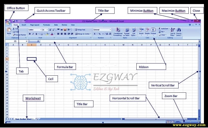 माइक्रोसॉफ्ट एक्सेल के एलिमेंट्स ( Elements of Microsoft Excel 2007 in Hindi )